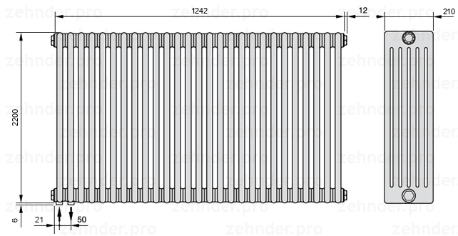 Схема (чертеж) Радиатор Zehnder Charleston 6220/27 №3370 Белый глянцевый RAL 9016